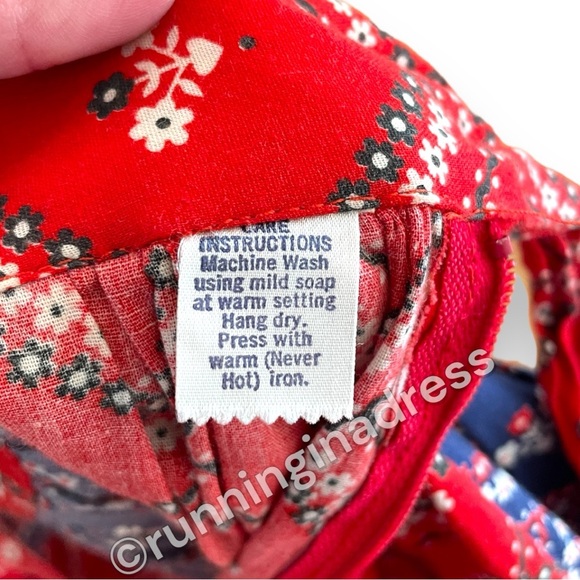 Vintage 70’s Prairie Maxi Skirt Blue & Red Calico Floral Print Ruffle Hem - Picture 11 of 15